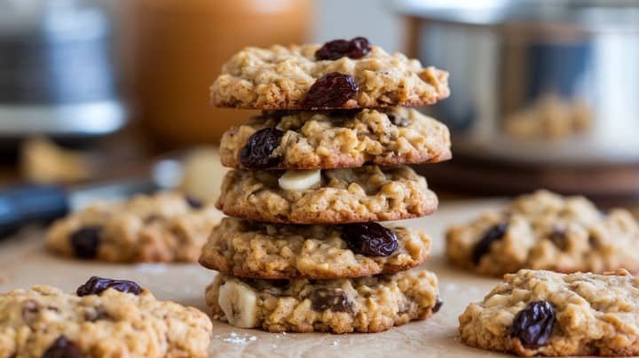 A stack of five oatmeal cookies with raisins and nuts on a parchment-lined surface. More cookies are blurred in the background. Warm and rustic tone.