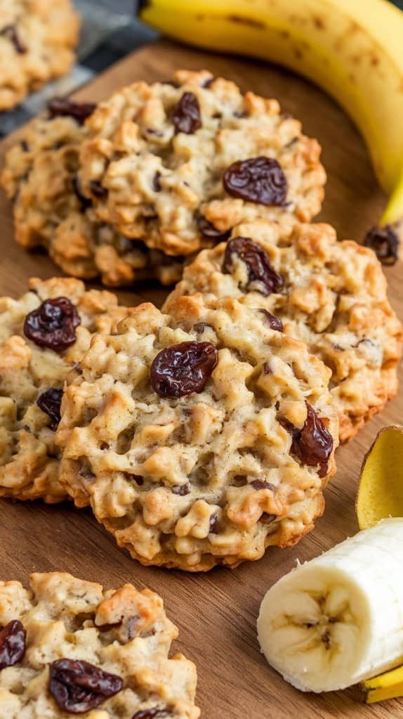 Banana oatmeal cookies with raisins on a wooden board, surrounded by ripe bananas. The cookies are chunky and look freshly baked.