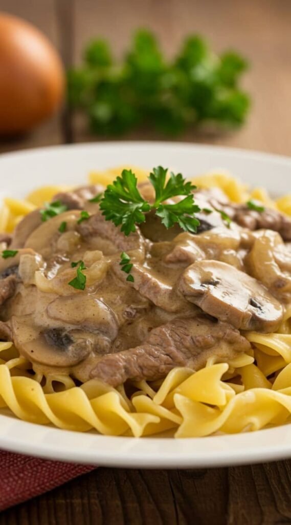 Close-up of a hearty beef stroganoff with mushrooms and creamy sauce over egg noodles, garnished with parsley on a white plate. Warm, comforting tone.