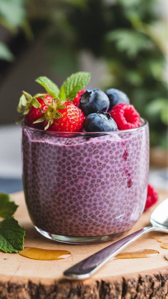 A bowl of berry chia seed pudding topped with fresh strawberries, blueberries, and mint.