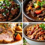 Four dishes showcasing meat variations: spicy beef topped with onions and cilantro, hearty beef stew, sliced roast pork with veggies, and saucy pulled pork.