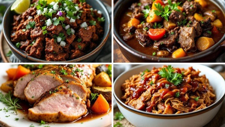 Four dishes showcasing meat variations: spicy beef topped with onions and cilantro, hearty beef stew, sliced roast pork with veggies, and saucy pulled pork.