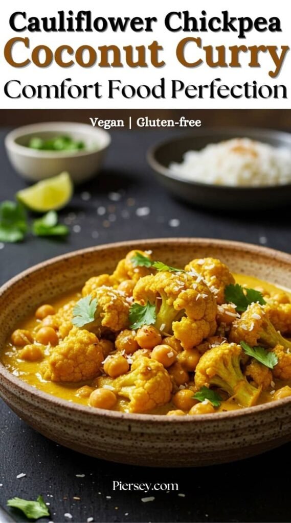 A bowl of vibrant cauliflower chickpea coconut curry garnished with cilantro. Lime and rice bowls in the background.