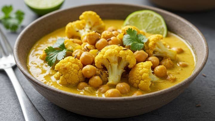 A vibrant bowl of yellow curry with cauliflower florets, chickpeas, and cilantro, garnished with a lime wedge. The dish looks creamy and inviting.