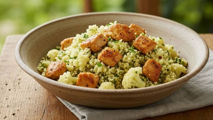 A bowl of couscous topped with grilled chicken and cauliflower florets, garnished with parsley. The dish sits on a wooden table with a soft cloth beneath.