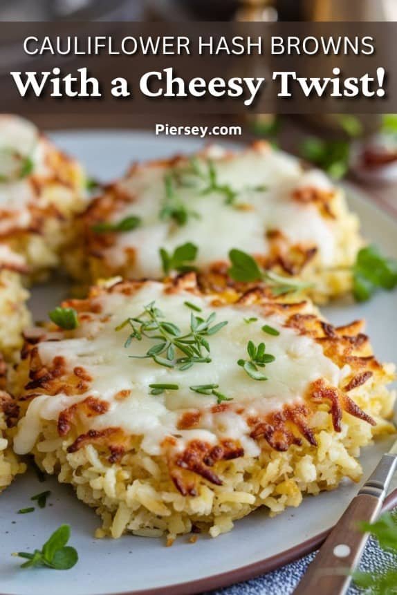 Delicious cauliflower hash browns topped with melted cheese and herbs on a plate. Text reads "Cauliflower Hash Browns With a Cheesy Twist! Piersey.com".