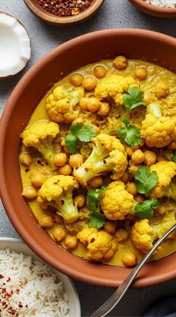 A vibrant curry with yellow cauliflower, chickpeas, and cilantro in a brown bowl. Surrounding are bowls of rice, coconut, and red pepper flakes.