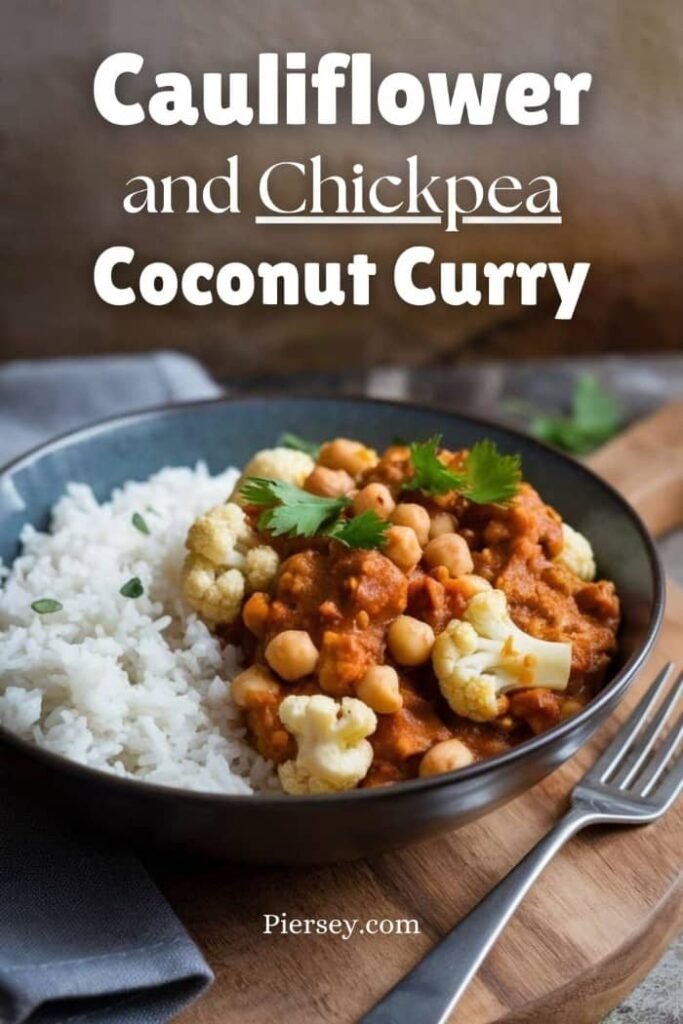 A bowl of cauliflower and chickpea coconut curry with white rice on a wooden board.