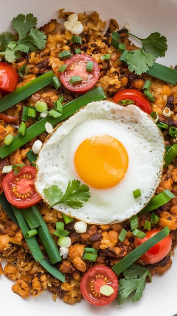 A colorful plate of cauliflower rice breakfast stir-fry with vegetables and a fried egg on top.