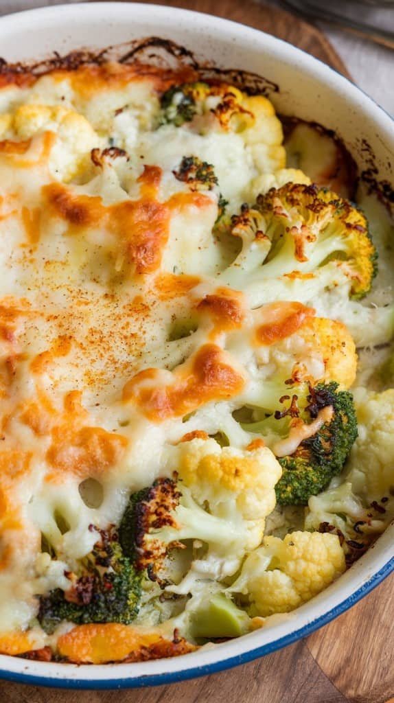 Baked cauliflower and broccoli casserole topped with melted, golden-brown cheese in a round dish, conveying a warm and hearty feel.