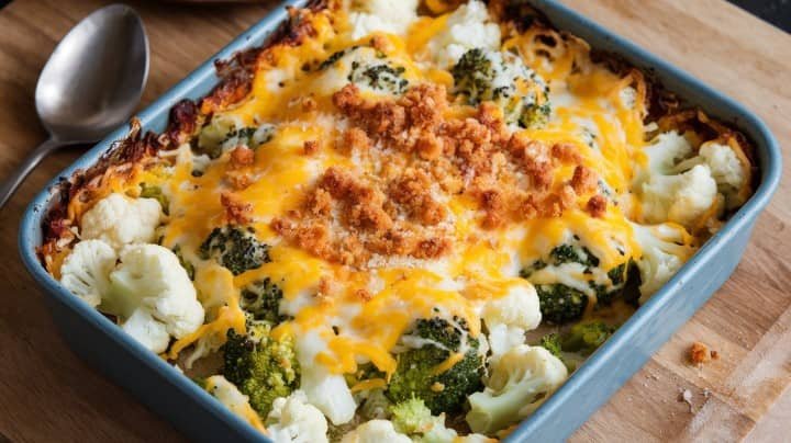 Baked casserole in a blue dish with melted cheese, broccoli, and cauliflower, topped with golden breadcrumbs. A spoon lies nearby on a wooden surface.