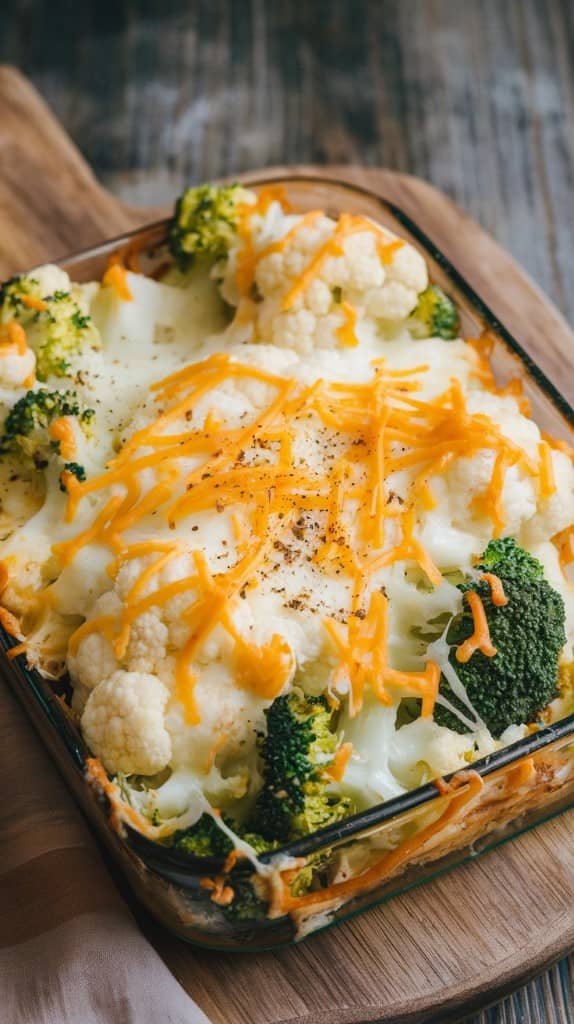 A glass baking dish filled with a cheesy baked vegetable casserole, featuring browned cheddar cheese, broccoli, and cauliflower on a wooden board.