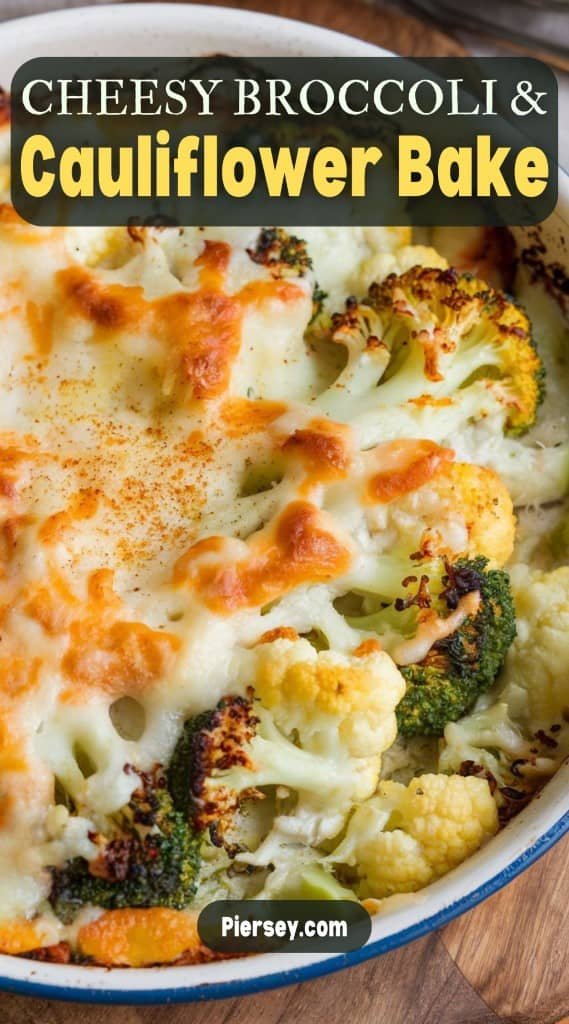 Cheesy broccoli and cauliflower bake with golden, melted cheese. The dish looks savory and warm, placed in a white dish on a wooden table.