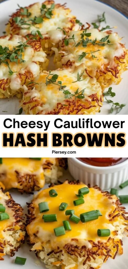 Cheesy cauliflower hash browns topped with melted cheese and green herbs on a white plate. Delicious, golden-brown, and crisp.