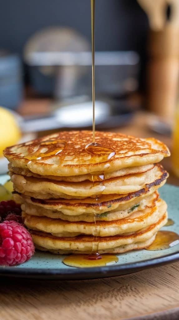 A stack of golden pancakes on a blue plate is being drizzled with syrup. Fresh raspberries accompany them, creating a warm, inviting breakfast scene.