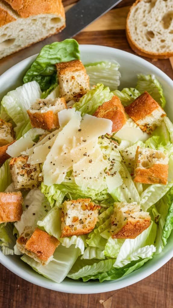 A fresh Caesar salad in a white bowl with crisp romaine lettuce, golden croutons, and shaved Parmesan cheese. A rustic loaf of bread is in the background.