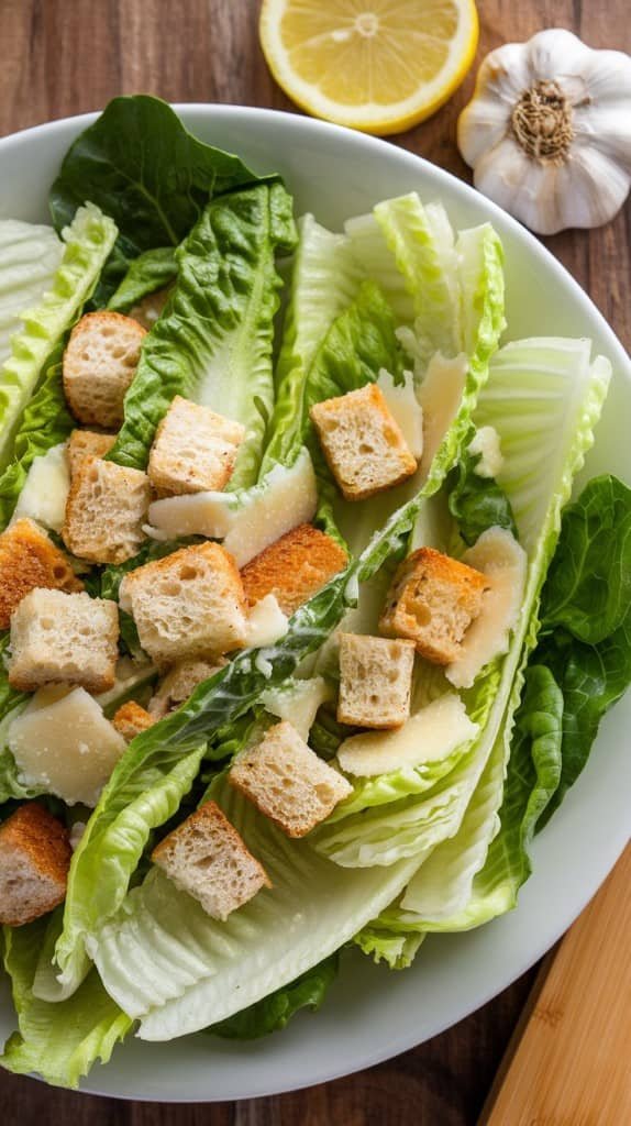 Caesar salad with crisp romaine leaves, golden croutons, and shaved Parmesan in a white bowl. Lemon slice and garlic bulb nearby on a wooden table.