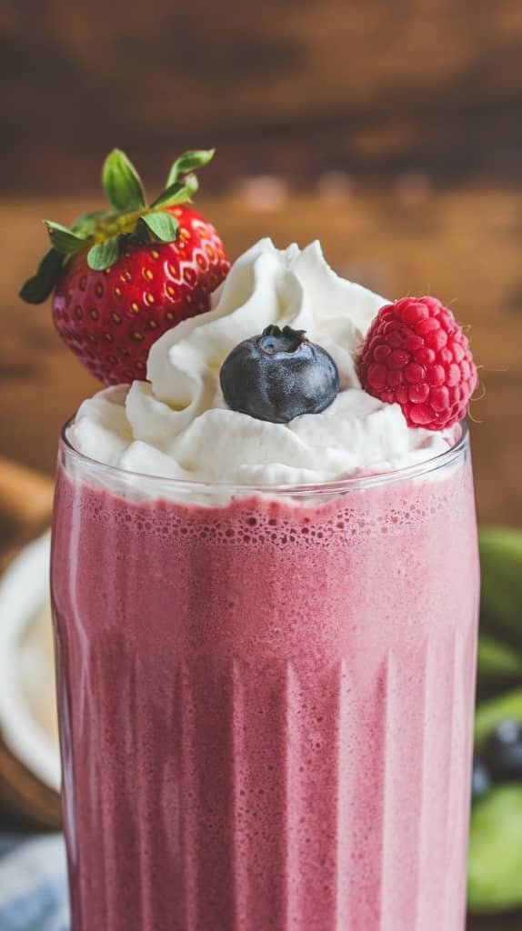 Pink smoothie topped with whipped cream, a strawberry, raspberry, and blueberry in a clear glass against a blurred brown background.