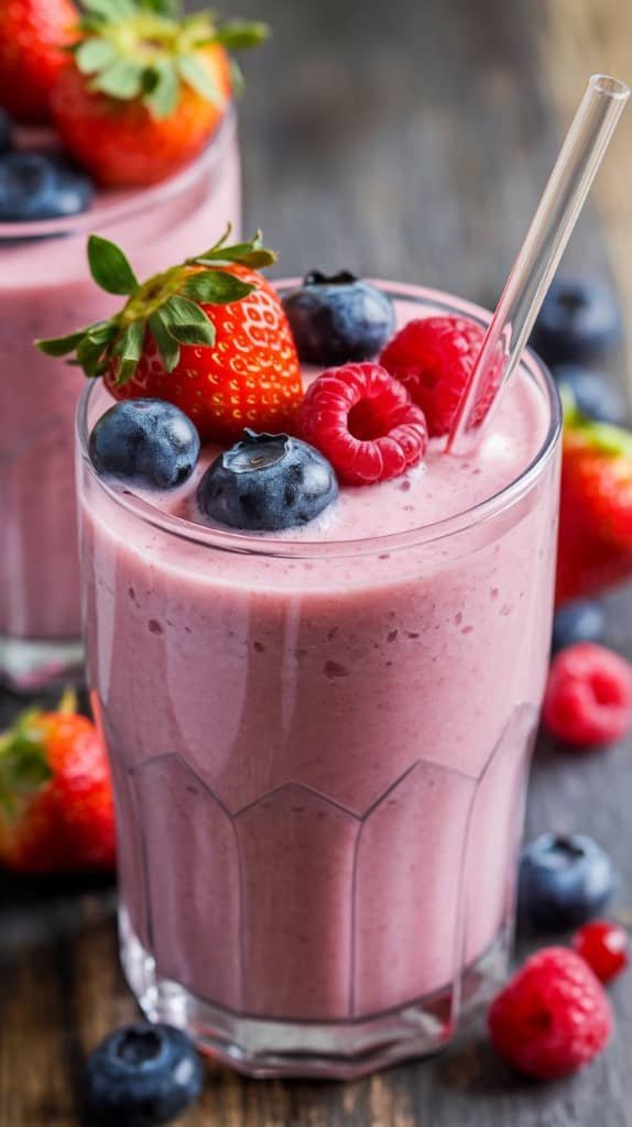 A glass of creamy pink smoothie topped with fresh strawberries, blueberries, and raspberries. It conveys a fresh and healthy vibe against a rustic wooden background.