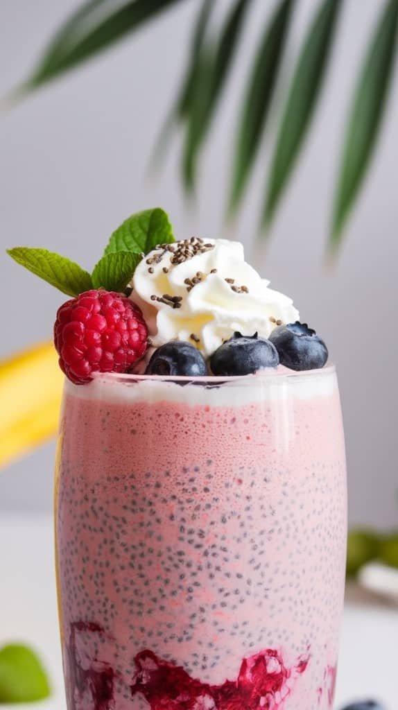 A coconut berry bliss smoothie topped with whipped cream, blueberries, a raspberry, mint leaves, and chia seeds. A tropical leaf is blurred in the background.