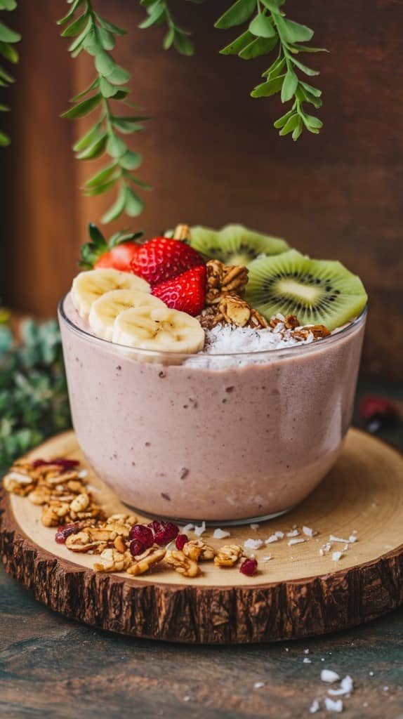 A colorful coconut milk smoothie bowl topped with fruits and shredded coconut