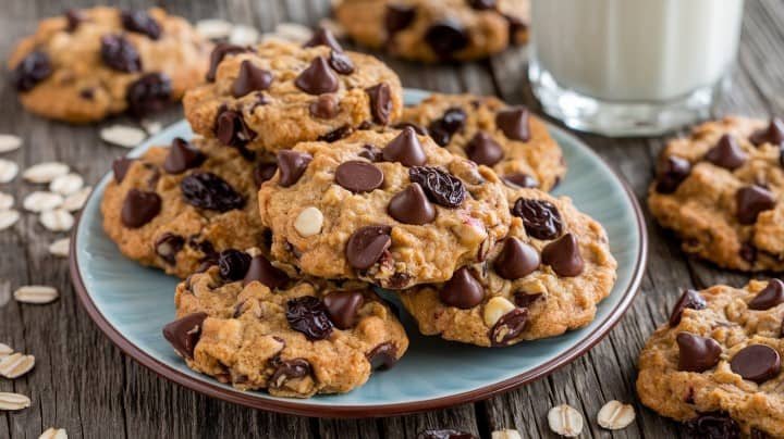 A plate of chocolate chip and raisin cookies is stacked high, surrounded by oats on a wooden table. A glass of milk is in the background. Cozy and inviting.