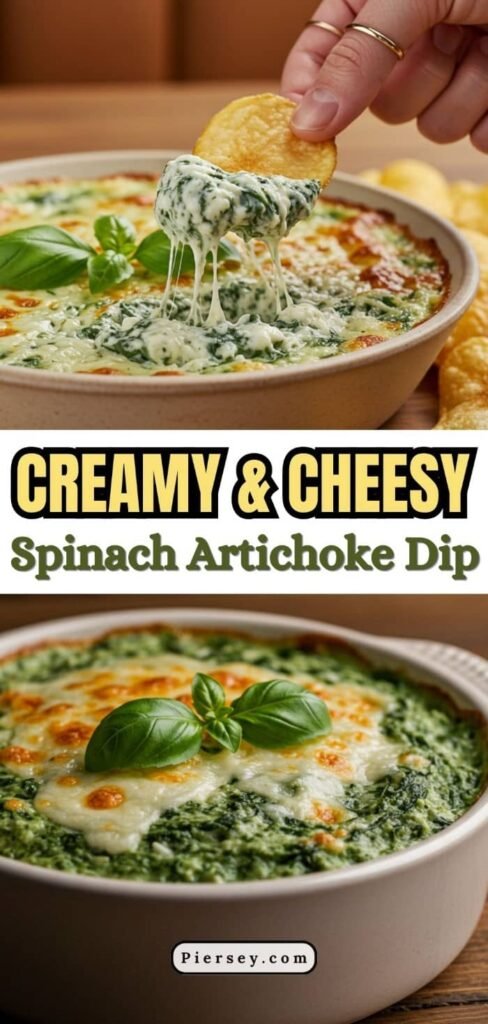 A hand dips a chip into a creamy spinach artichoke dip topped with melted cheese and basil in a beige bowl. Text reads "Creamy & Cheesy Spinach Artichoke Dip."