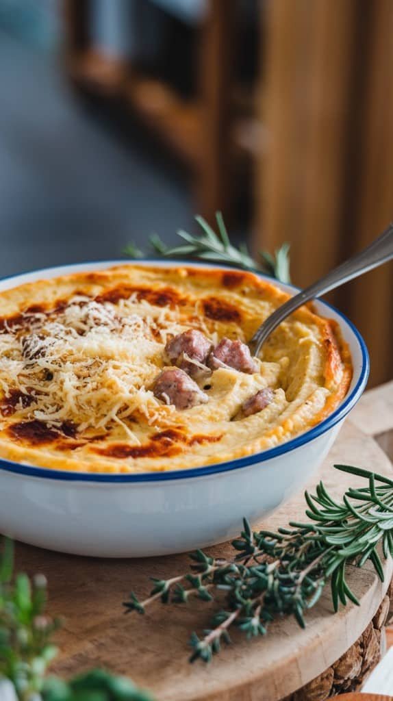 A bowl of creamy baked mashed potatoes with melted cheese and sausage chunks on top. The dish sits on a wooden board, garnished with fresh rosemary, conveying warmth and comfort.