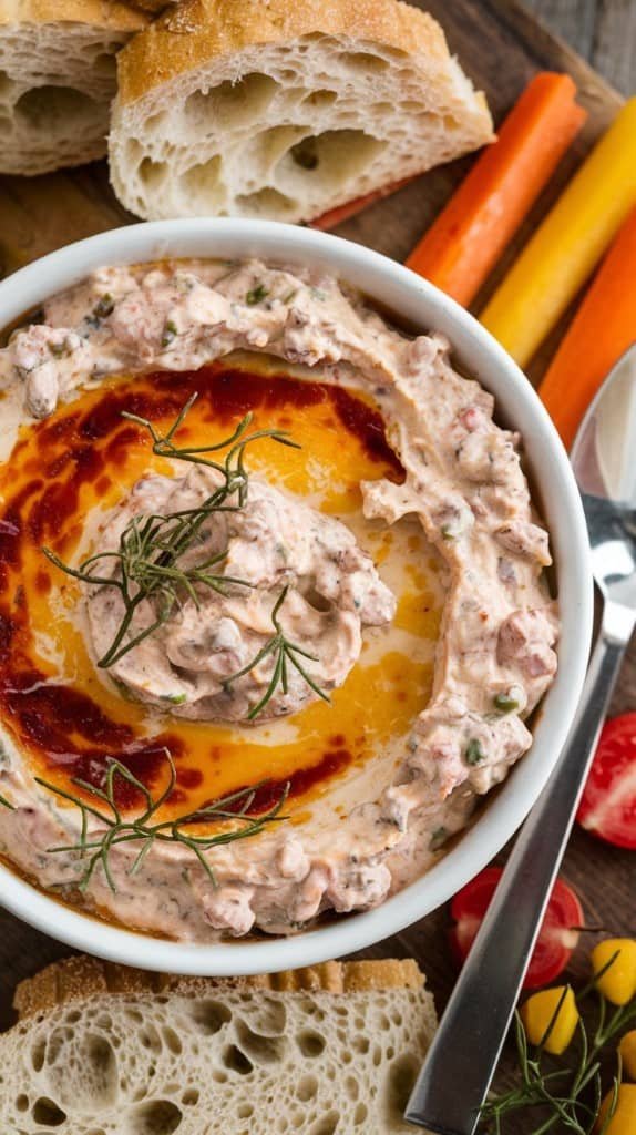 Bowl of creamy dip with olive oil and herbs, surrounded by rustic bread, carrot sticks, and colorful veggies on a wooden board.