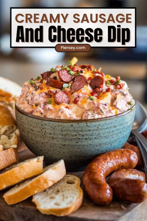 A rustic bowl filled with creamy sausage and cheese dip, topped with sliced sausages and herbs,. Text reads Creamy Sausage and Cheese Dip