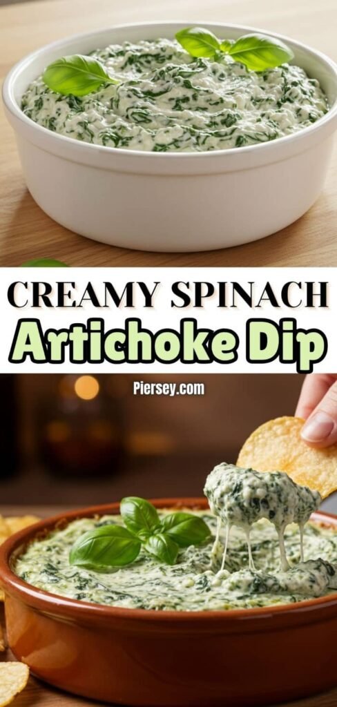 A creamy spinach artichoke dip in a white bowl garnished with basil leaves. A hand dips a chip into a ceramic bowl of the same dip. Text reads "Creamy Spinach Artichoke Dip."