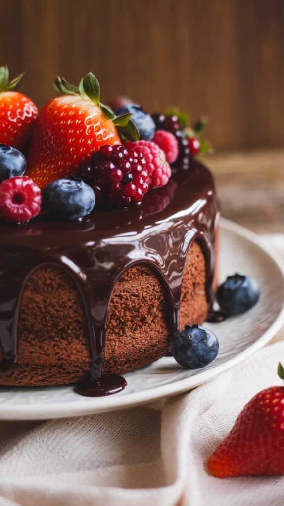 A chocolate cake with glossy ganache drips is topped with fresh strawberries, raspberries, blackberries, and blueberries, creating a rich and inviting look.