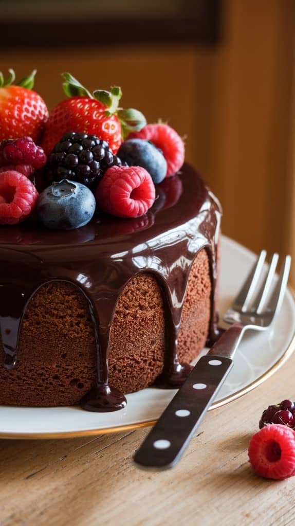 A decadent chocolate cake topped with glossy chocolate glaze and fresh berries, including strawberries, raspberries, and blueberries, on a white plate.