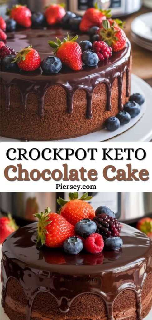 Chocolate cake with glossy ganache, topped with fresh strawberries, blueberries, and raspberries. Text: "Crockpot Keto Chocolate Cake" by Piersey.com.