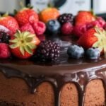 Rich chocolate cake with glossy ganache topped with fresh strawberries, blackberries, raspberries, and blueberries. The setting is a cozy kitchen.