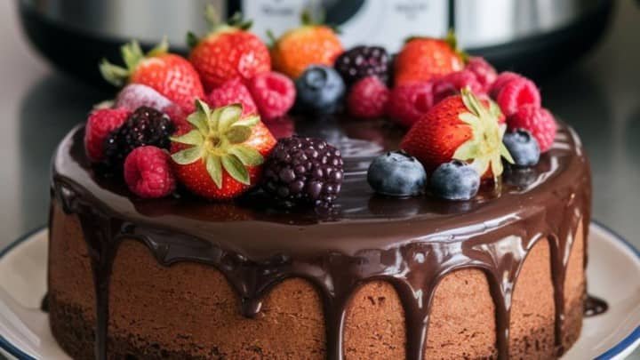 Rich chocolate cake with glossy ganache topped with fresh strawberries, blackberries, raspberries, and blueberries. The setting is a cozy kitchen.