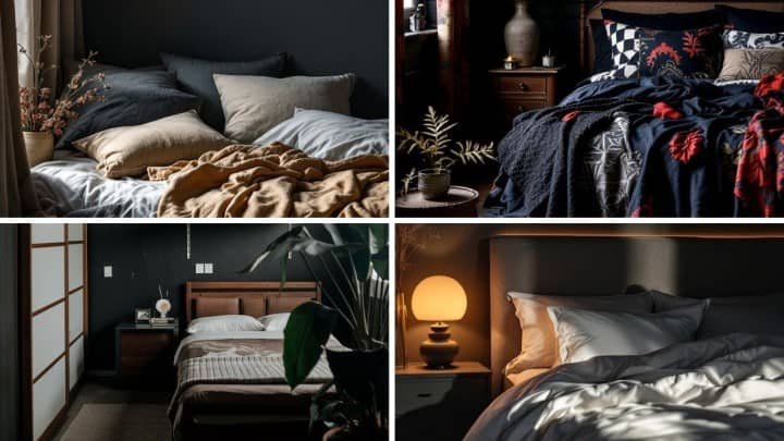 Four cozy bedrooms with ambient lighting: soft beige linens and cushions; dark floral bedding; minimalist design with plants; warm lamp beside white sheets.