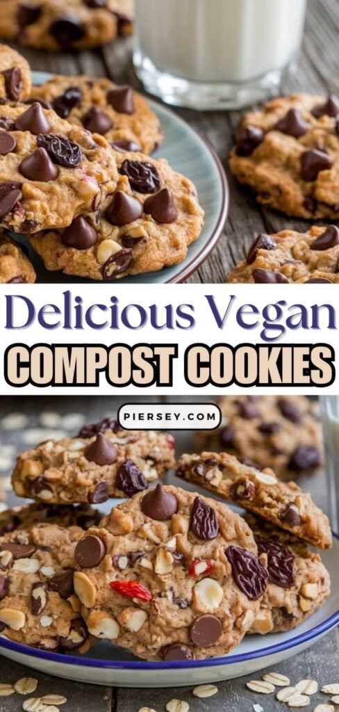 Plate of vegan compost cookies with chocolate chips, nuts, and dried fruits. A glass of milk sits in the background, evoking a cozy, homemade feel.