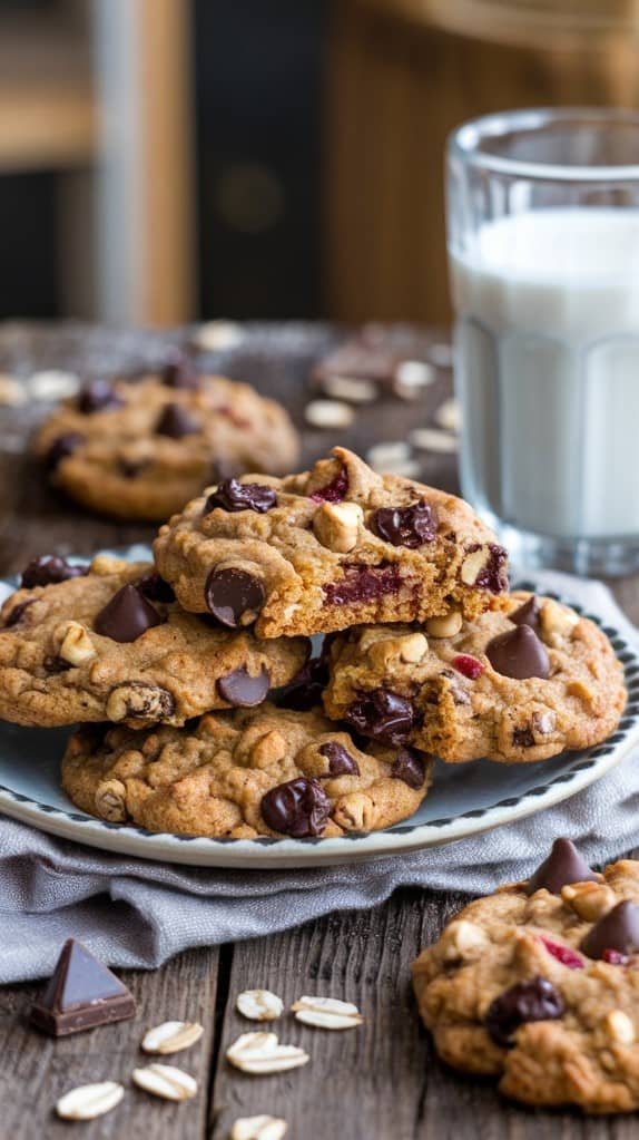 A plate of freshly baked cookies with chocolate chips and nuts is arranged on a rustic wooden table. A glass of milk is in the background, suggesting comfort and warmth.