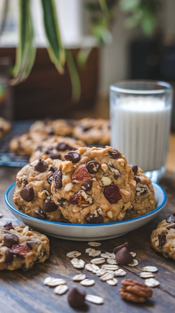 A plate of chocolate chip cookies with nuts and oats is surrounded by scattered oats and chocolate chips. A glass of milk sit in the background. The scene is warm and inviting.