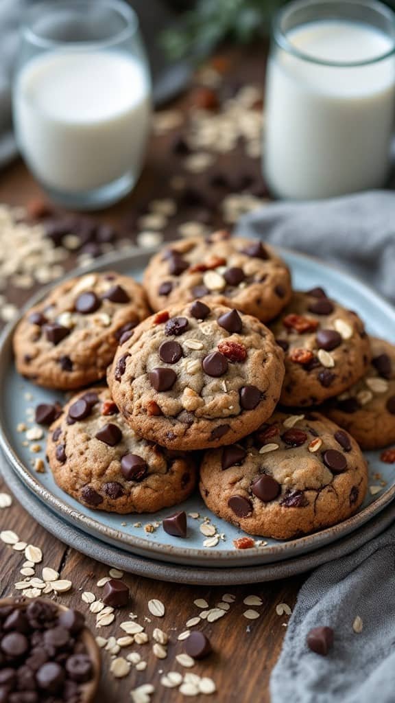 Nutritious Compost Cookies Recipe Freshly baked compost cookies with chocolate chips, nuts, and dried fruits on a wooden table.