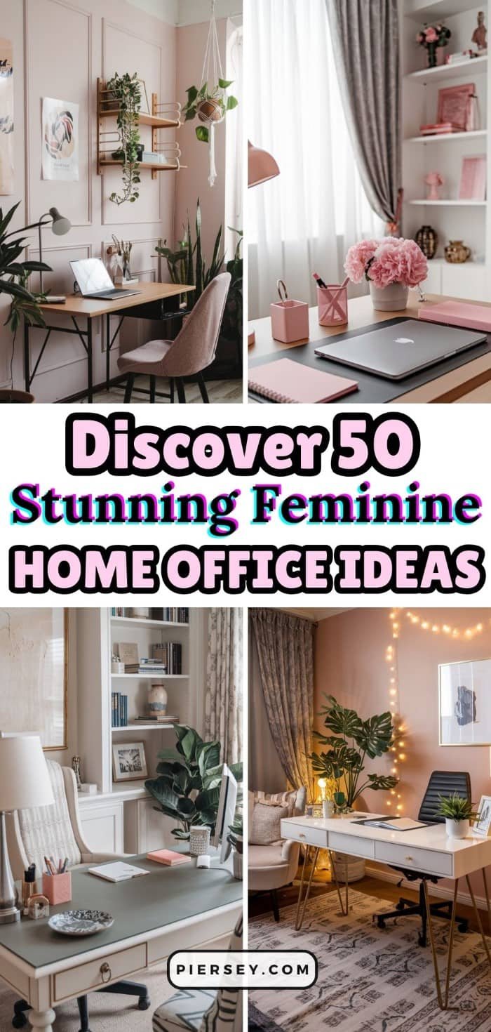 Collage of elegant home offices with feminine decor. Features include soft pinks, greenery, stylish desks, and cozy lighting. Text reads "Discover 50 Stunning Feminine Home Office Ideas."