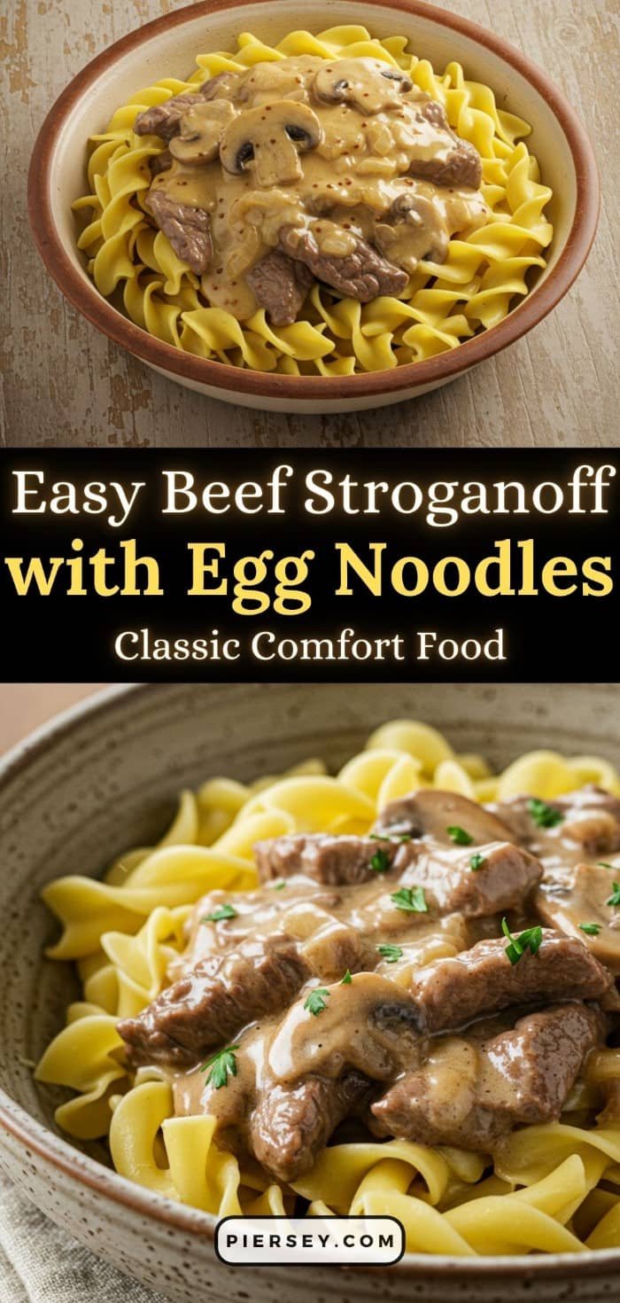 A bowl of beef stroganoff with egg noodles, topped with creamy mushroom sauce. Text reads "Easy Beef Stroganoff with Egg Noodles, Classic Comfort Food."