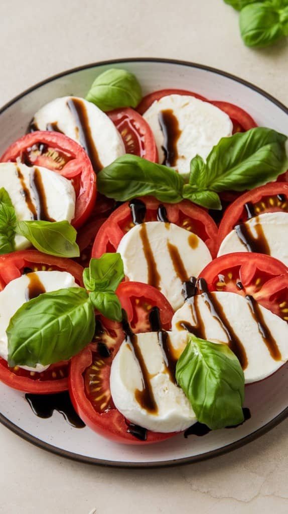Plate of Caprese salad with fresh mozzarella, ripe red tomato slices, vibrant green basil leaves, and balsamic glaze drizzles, evoking freshness.