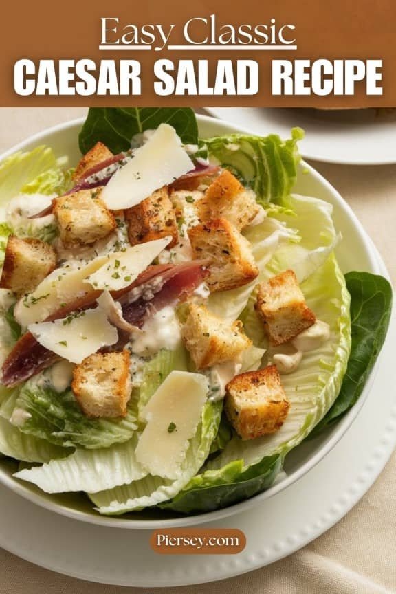 A classic Caesar salad with crisp lettuce, croutons, anchovies, shaved Parmesan, and creamy dressing on a plate. Text above reads "Easy Classic Caesar Salad Recipe."