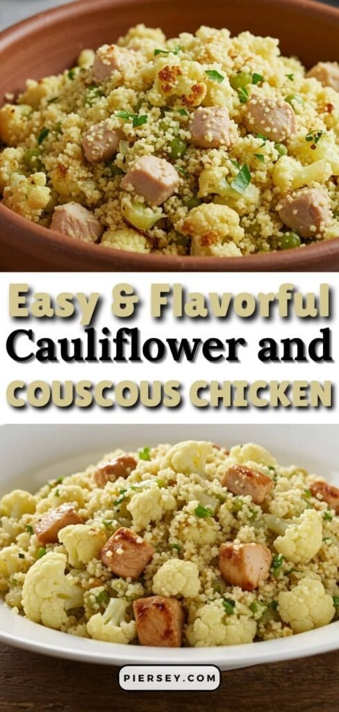 A dish of couscous with cauliflower, chicken, and herbs is shown in bowls. Text overlay reads "Easy & Flavorful Cauliflower and Couscous Chicken." The tone is inviting.