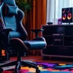 A sleek black gaming chair sits in a vibrant room with a colorful abstract rug. Nearby is a lit cabinet with speakers and a monitor, creating a modern gaming setup.