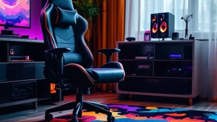 A sleek black gaming chair sits in a vibrant room with a colorful abstract rug. Nearby is a lit cabinet with speakers and a monitor, creating a modern gaming setup.