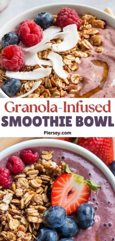 Smoothie bowls topped with granola, raspberries, blueberries, and coconut flakes. The vibrant, fresh ingredients create a wholesome, inviting appearance.