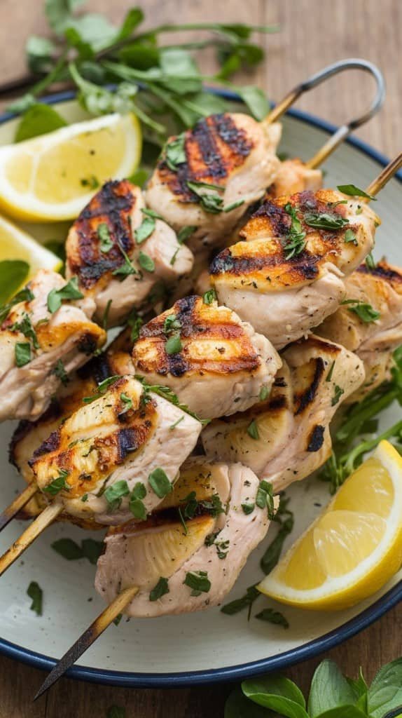 Grilled lemon herb chicken skewers on a white plate with lemon wedges and fresh parsley. The skewers are charred and garnished with green herbs.